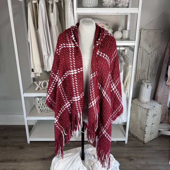 Simply Noelle Sweaters - Simply Noelle Women's One Size Red Plaid Hooded Shawl Cape Sweater #3366
